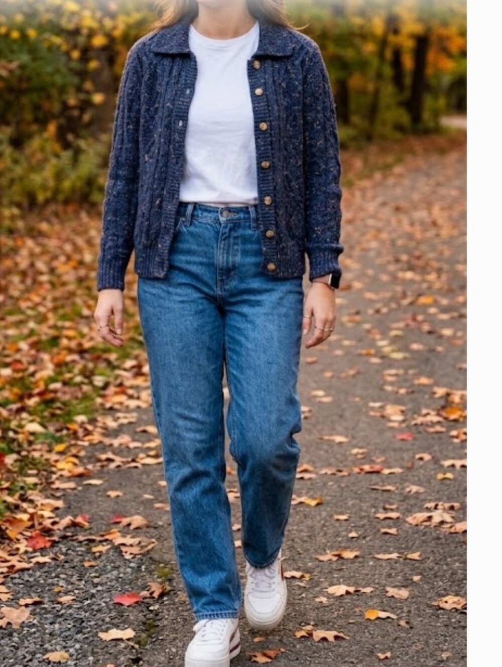 VTG Paris Sport Club Navy Flecked Wool Cable-Knit Button Cardigan Women's Med